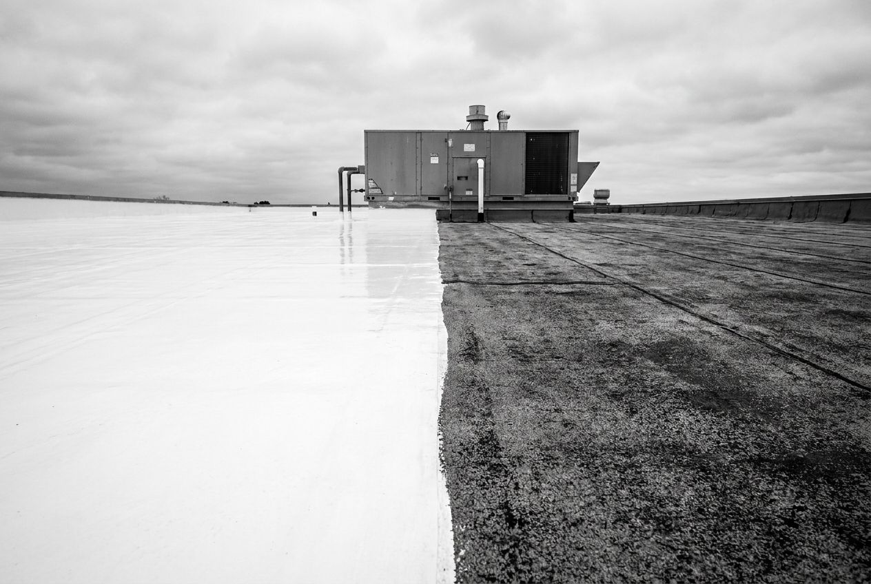 Illustrative: a commercial flat roof half-coated in a bright reflective thermal barrier